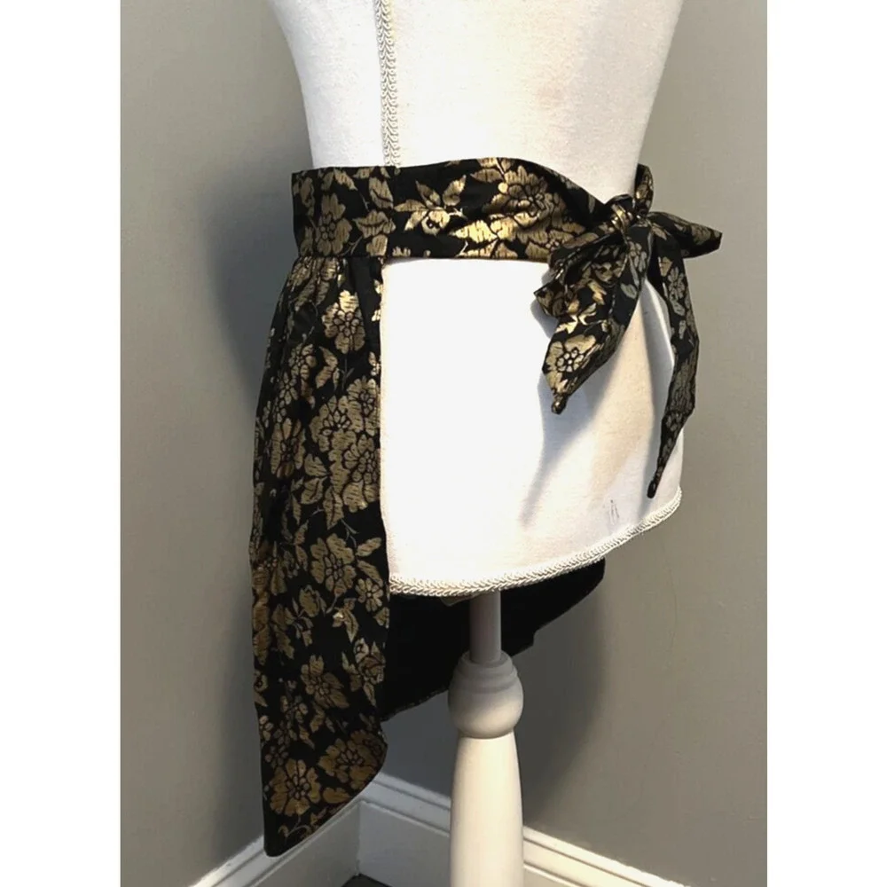 Vintage Half Apron Black & Metallic Gold Floral Tie Kitchen Retro 17